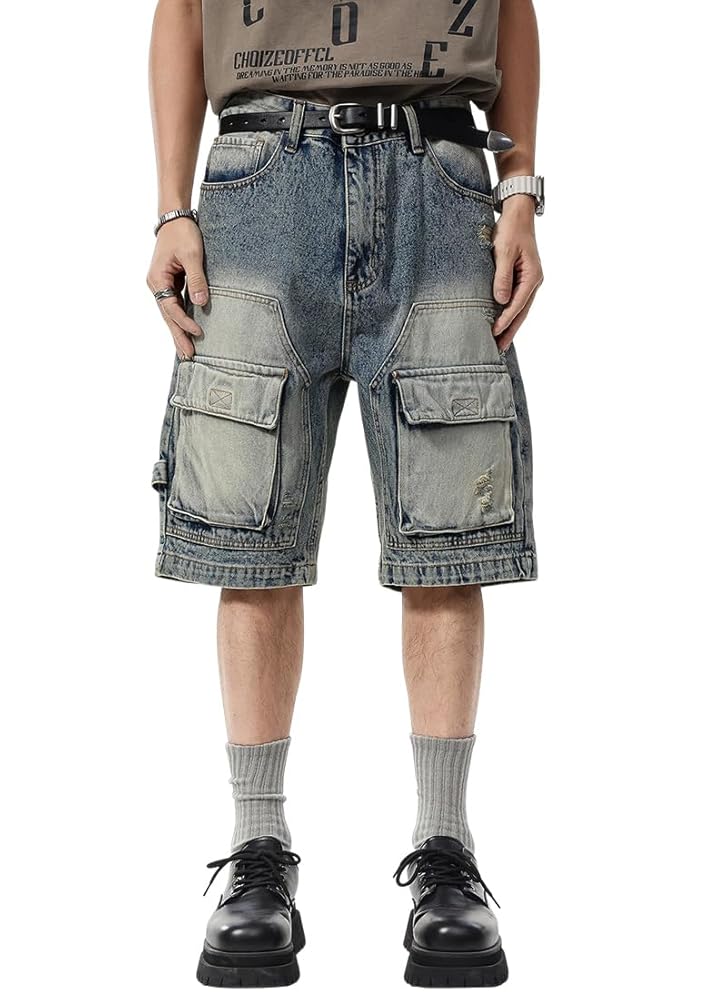 DRKSHDW ダメージ加工ハーフデニムパンツ ダメージ加工リボン付きデニムハーフパンツ ｜ メンズ